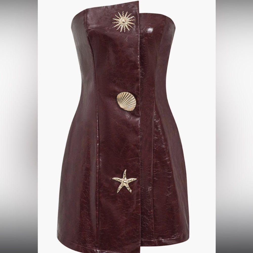Brown and Gold Embellished Strapless Sheath Dress